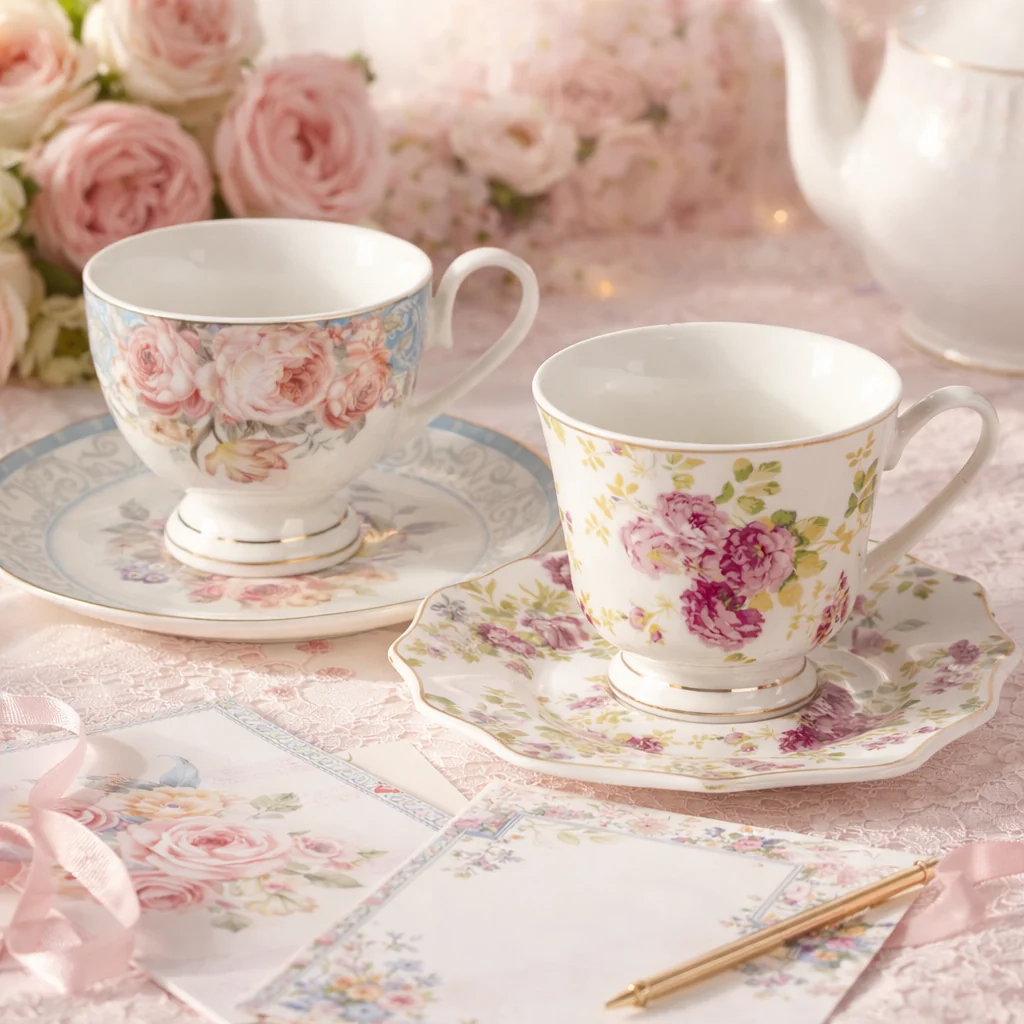 Tasse à l'anglaise et soucoupe en porcelaine "Parfum de Roseraie" (200 ml) - Image 4